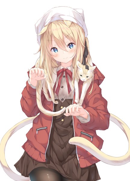 Anime picture 2117x2943 with original ukiwakisen single long hair tall image looking at viewer blush fringe highres blue eyes simple background blonde hair smile hair between eyes white background animal ears tail long sleeves head tilt animal tail