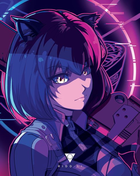 Anime picture 2400x3000 with rwby rooster teeth blake belladonna ridd-li single tall image looking at viewer fringe highres short hair black hair signed animal ears yellow eyes cat ears expressionless outline girl weapon