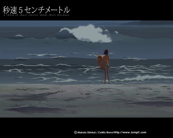 Anime picture 1280x1024 with 5 centimeters per second sumida kanae shinkai makoto single short hair brown hair standing holding from behind legs back dark skin horizon diving girl water sea wave (waves)