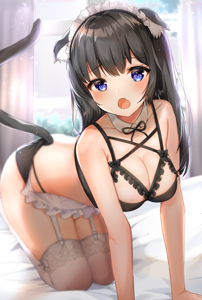 Anime picture 600x889 with original katsushika pachi single long hair tall image looking at viewer blush fringe breasts open mouth blue eyes light erotic black hair bare shoulders animal ears payot cleavage indoors tail blunt bangs