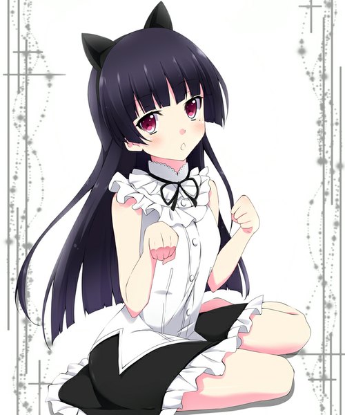 Anime picture 700x839 with ore no imouto ga konna ni kawaii wake ga nai gokou ruri kurono yuzuko single long hair tall image looking at viewer blush fringe black hair white background sitting bare shoulders animal ears pink eyes mole mole under eye fake animal ears girl