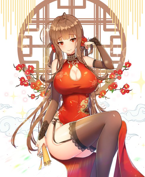 Anime picture 800x975 with girls frontline dsr-50 (girls frontline) dsr-50 (red peony) (girls' frontline) tp (kido 94) single long hair tall image fringe breasts light erotic smile red eyes brown hair large breasts ahoge blunt bangs traditional clothes adjusting hair chinese clothes cleavage cutout