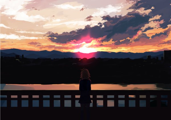 Anime picture 1228x868 with vocaloid kagamine rin vient single short hair blonde hair standing sky cloud (clouds) sunlight back evening sunset mountain landscape river girl skirt bow hair bow