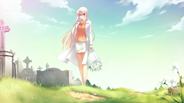 Anime picture 1280x720 with tsubasa o kudasai (game) single long hair blue eyes wide image game cg sky cloud (clouds) white hair girl flower (flowers) bouquet cemetery