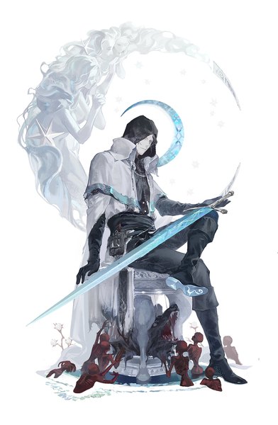 Anime-Bild 1000x1531 mit bloodborne from software ludwig the accursed bloodytongue666 tall image looking at viewer blue eyes simple background white background sitting full body arm support solo focus boy gloves weapon animal black gloves hood knee boots