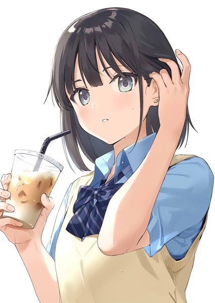 Anime picture 1200x1696 with original urata asao single tall image short hair black hair simple background white background upper body short sleeves grey eyes adjusting hair girl uniform school uniform earrings shirt stud earrings disposable cup coffee