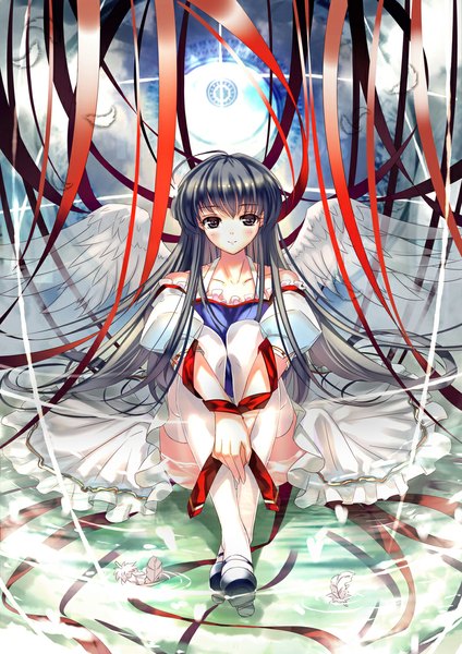Anime picture 800x1131 with original miyazaki byou single long hair tall image looking at viewer blush black hair smile black eyes girl thighhighs dress ribbon (ribbons) white thighhighs wings water feather (feathers)