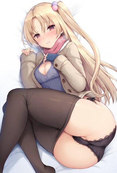 Anime picture 677x1000 with azur lane cleveland (azur lane) sayika single long hair tall image looking at viewer blush fringe breasts light erotic blonde hair smile hair between eyes brown eyes cleavage bent knee (knees) ass lying open clothes