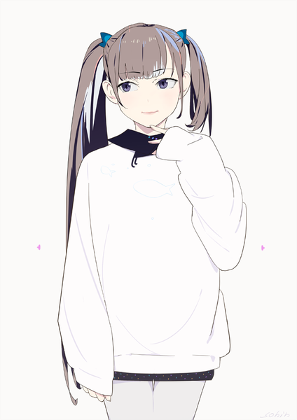 Anime picture 636x900 with original sohin single long hair tall image blush fringe simple background smile brown hair standing white background twintails purple eyes signed payot looking away upper body blunt bangs long sleeves