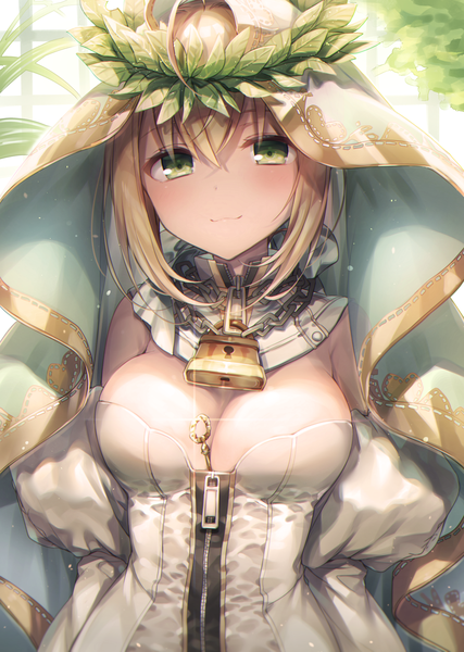 Anime picture 1315x1846 with fate (series) fate/extra fate/extra ccc nero claudius (fate) (all) nero claudius (fate) nero claudius (bride) (fate) komeshiro kasu single tall image looking at viewer blush fringe short hair breasts light erotic blonde hair hair between eyes large breasts green eyes payot