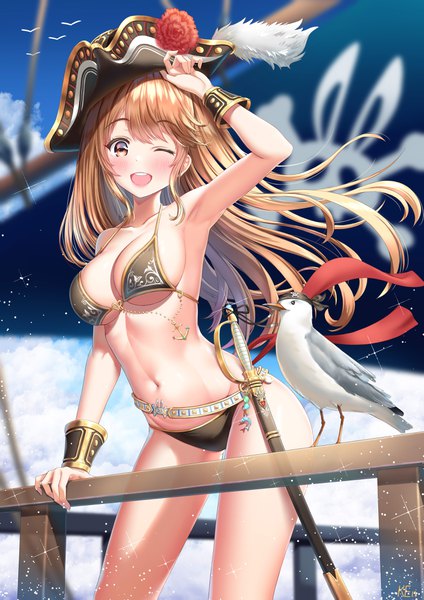 Anime picture 2894x4093 with original ken-san single long hair tall image looking at viewer blush fringe highres breasts open mouth light erotic smile brown hair large breasts standing brown eyes payot sky cleavage