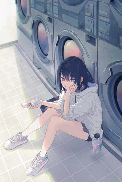 Anime picture 807x1200 with original reia single long hair tall image looking at viewer fringe open mouth blue eyes black hair hair between eyes sitting holding full body bent knee (knees) indoors from above girl shoes shorts