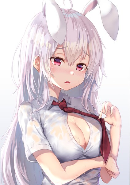 Anime picture 1447x2047 with touhou reisen udongein inaba wowoguni single long hair tall image looking at viewer blush fringe breasts open mouth light erotic simple background hair between eyes red eyes large breasts holding animal ears payot cleavage