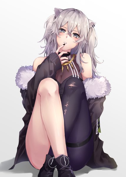 Anime picture 814x1141 with virtual youtuber hololive shishiro botan shishiro botan (1st costume) hinamaru single long hair tall image looking at viewer blush fringe breasts simple background hair between eyes white background sitting bare shoulders animal ears payot silver hair