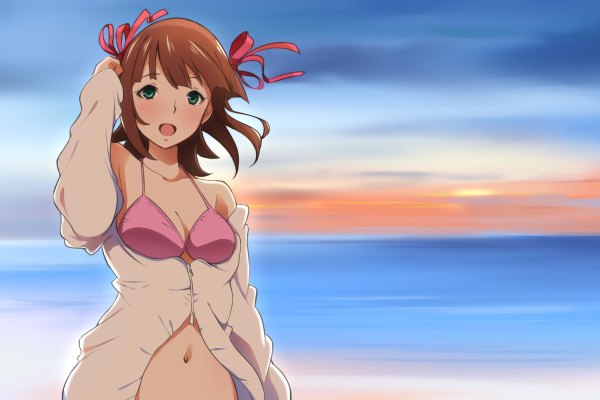 Anime picture 1200x800 with idolmaster amami haruka ivolay single looking at viewer blush short hair open mouth light erotic brown hair green eyes girl navel ribbon (ribbons) swimsuit hair ribbon bikini