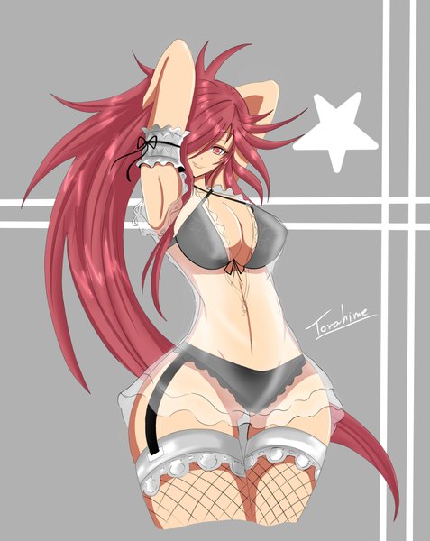 Anime picture 3100x3900 with original torahime (roland00) single long hair tall image looking at viewer fringe highres breasts light erotic red eyes large breasts absurdres red hair light smile hair over one eye armpit (armpits) wide hips girl thighhighs