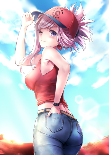 Anime picture 1191x1684 with fate (series) fate/grand order miyamoto musashi (fate) hane yuki single long hair tall image looking at viewer blush fringe breasts standing purple eyes sky silver hair cloud (clouds) ass outdoors one eye closed looking back