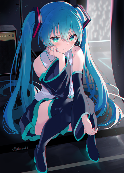 Anime picture 2646x3679 with vocaloid hatsune miku akamoku single tall image looking at viewer blush fringe highres light erotic hair between eyes sitting twintails bare shoulders signed payot full body very long hair pleated skirt aqua eyes