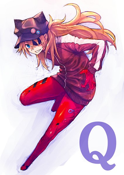 Anime picture 707x1000 with neon genesis evangelion rebuild of evangelion evangelion: 3.0 you can (not) redo gainax soryu asuka langley shikinami asuka langley boyaking(sbf) single long hair tall image looking at viewer blue eyes simple background smile white background full body orange hair hand in pocket girl jacket