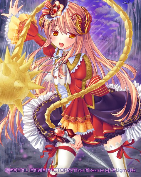 Anime picture 800x1000 with original ichimatsu nana single long hair tall image looking at viewer blush open mouth blonde hair yellow eyes horn (horns) girl thighhighs dress hat white thighhighs