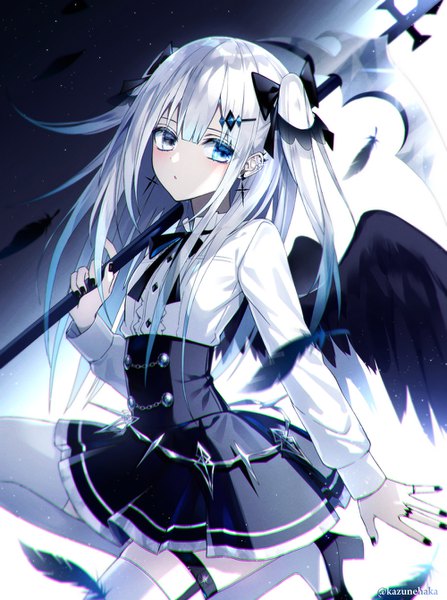 Anime picture 1000x1340 with original kazunehaka single long hair tall image looking at viewer blush open mouth holding signed payot silver hair long sleeves nail polish aqua eyes grey eyes two side up zettai ryouiki twitter username heterochromia