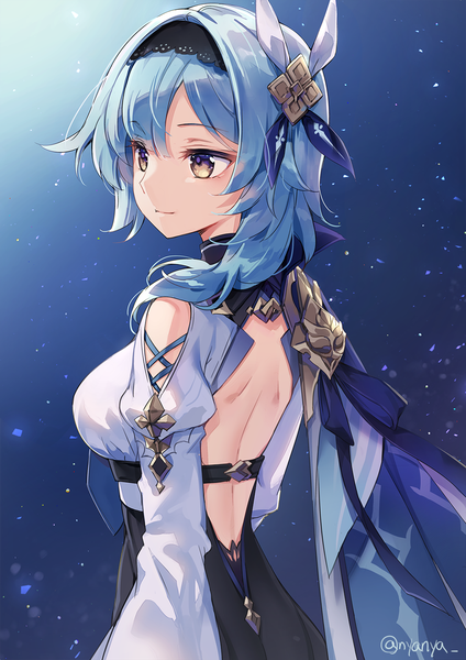 Anime picture 1061x1500 with genshin impact eula lawrence nyanya single long hair tall image fringe bare shoulders signed yellow eyes blue hair looking away upper body light smile twitter username back bare back girl hairband