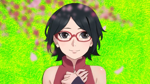 Anime picture 4093x2301 with naruto studio pierrot naruto (series) uchiha sarada erng.h single looking at viewer blush highres short hair black hair smile wide image bare shoulders absurdres upper body lying black eyes blurry on back