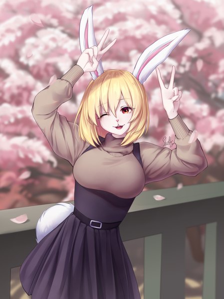 Anime picture 2350x3140 with one piece toei animation carrot (one piece) shelts single tall image looking at viewer fringe highres short hair breasts open mouth blonde hair smile hair between eyes red eyes large breasts standing animal ears outdoors