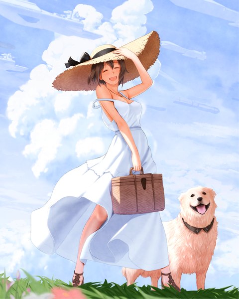 Anime picture 881x1101 with original nanahime (aoi) tall image blush fringe short hair open mouth brown hair standing bare shoulders holding sky cloud (clouds) eyes closed bare legs happy hand on head adjusting hat laughing girl