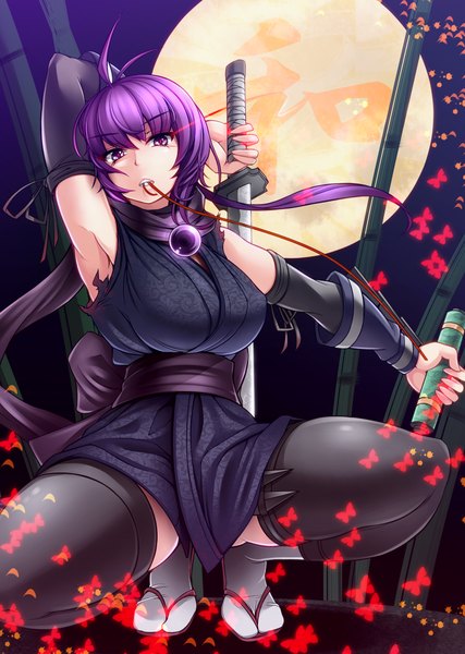 Anime picture 1600x2250 with original masataka (artist) long hair tall image purple eyes purple hair mouth hold girl thighhighs weapon black thighhighs sword belt scarf katana insect butterfly moon