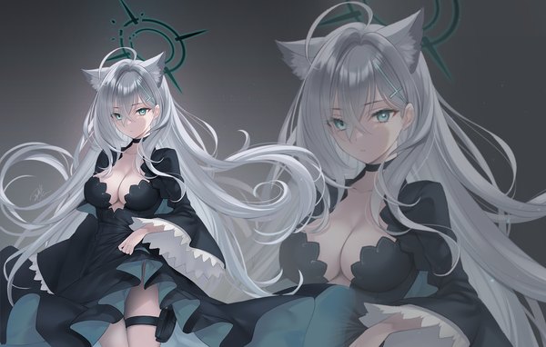 Anime picture 1434x914 with blue archive shiroko (blue archive) shiroko terror (blue archive) sanom single long hair fringe breasts light erotic simple background hair between eyes large breasts cleavage silver hair aqua eyes grey background zoom layer girl dress choker