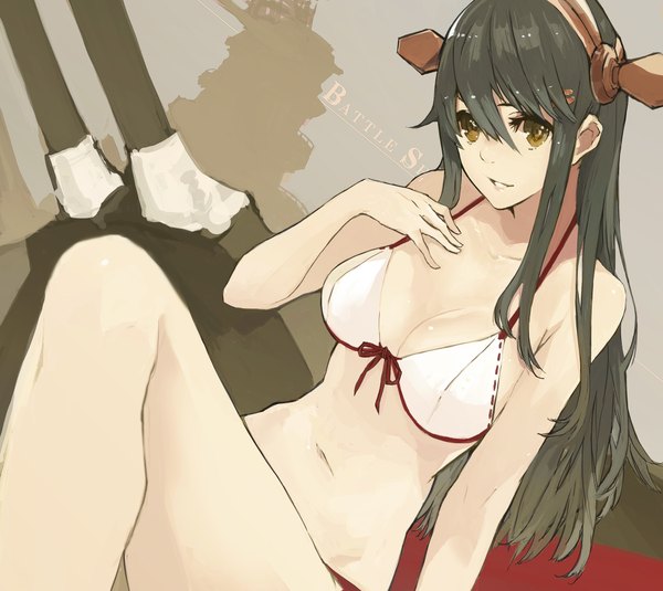 Anime picture 2000x1784 with kantai collection haruna battleship bobhit single long hair looking at viewer highres breasts light erotic sitting bare shoulders brown eyes cleavage light smile grey hair inscription arm support bare belly girl swimsuit