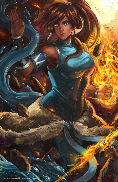 Anime picture 1181x1822 with avatar: the legend of korra korra manusia-no-31 single long hair tall image blue eyes brown hair signed ponytail lips magic girl water bracelet fur bodysuit fire stone (stones)
