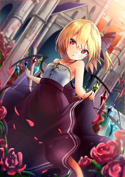 Anime picture 2894x4093 with touhou flandre scarlet renka (cloudsaikou) single long hair tall image looking at viewer blush fringe highres blonde hair hair between eyes red eyes standing bare shoulders payot tail parted lips head tilt wind