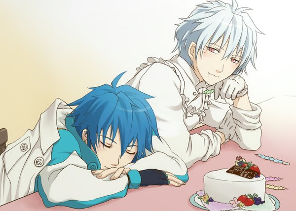 Anime picture 1050x750 with dramatical murder nitro+chiral aoba (dmmd) clear (dmmd) blush short hair simple background smile white background blue hair white hair eyes closed pink eyes multiple boys sleeping boy gloves sweets fingerless gloves 2 boys