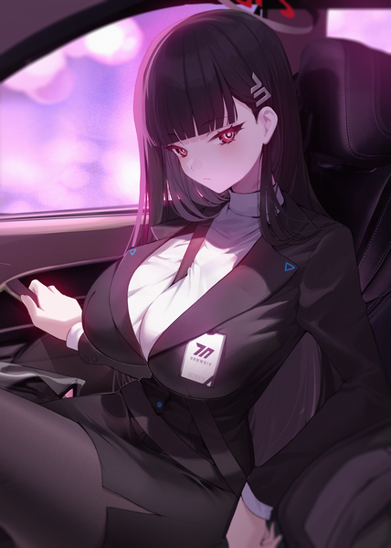 Anime picture 2000x2802 with blue archive rio (blue archive) xiujia yihuizi single long hair tall image looking at viewer fringe highres breasts light erotic black hair red eyes large breasts sitting blunt bangs long sleeves between breasts car interior girl