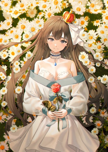 Anime picture 3207x4500 with original jisu lee single long hair tall image looking at viewer blush fringe highres breasts brown hair bare shoulders absurdres outdoors lying blunt bangs long sleeves head tilt light smile off shoulder
