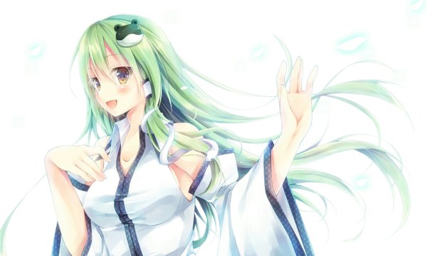 Anime picture 2500x1500 with touhou kochiya sanae toosaka asagi single long hair highres open mouth wide image yellow eyes green hair girl detached sleeves hair tubes snake frog