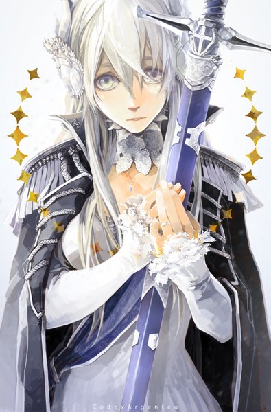 Anime picture 1181x1792 with original aocean single tall image looking at viewer simple background white background holding silver hair silver eyes hair ornament weapon sword pendant ring