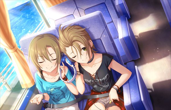 Anime picture 1280x824 with idolmaster idolmaster cinderella girls tada riina kimura natsuki looking at viewer blush short hair smile brown hair sitting multiple girls brown eyes eyes closed one eye closed wink hand on headphones girl 2 girls headphones