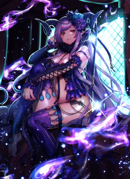 Anime picture 1600x2200 with original katagiri hachigou single long hair tall image looking at viewer blush fringe breasts light erotic smile large breasts sitting purple eyes purple hair indoors parted lips hair flower horn (horns) lips