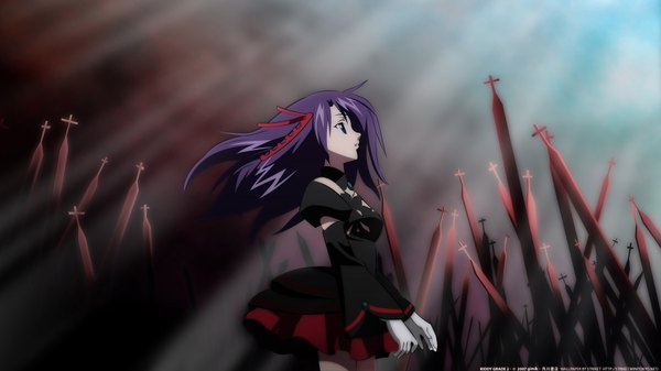 Anime picture 1920x1080 with kiddy grade gonzo q-feuille single long hair blush highres blue eyes wide image looking away purple hair profile girl gloves ribbon (ribbons) hair ribbon detached sleeves cross