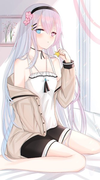 Anime picture 947x1703 with original syara 20001 single long hair tall image looking at viewer blush fringe blue eyes hair between eyes sitting bare shoulders holding pink hair silver hair bent knee (knees) indoors parted lips pink eyes multicolored hair