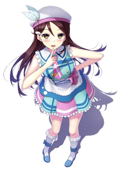 Anime picture 928x1306 with love live! sunshine!! love live! sakurauchi riko seirei911 single long hair tall image looking at viewer blush open mouth brown hair brown eyes from above shadow sleeveless hand on hip finger to mouth girl hair ornament socks