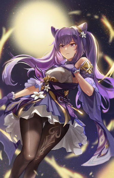 Anime picture 3200x5000 with genshin impact keqing (genshin impact) dawnb single long hair tall image blush fringe highres breasts light erotic purple eyes twintails bare shoulders payot looking away absurdres purple hair night night sky