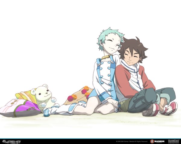 Anime picture 1280x1024 with eureka seven studio bones eureka renton thurston short hair smile brown hair white background sitting eyes closed green hair couple indian style girl dress boy jacket shorts boots collar