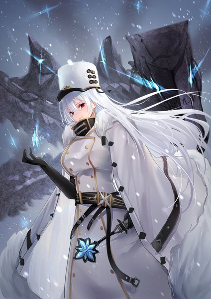 Anime picture 2894x4093 with azur lane sovetskaya rossiya (azur lane) oshishio single long hair tall image looking at viewer fringe highres breasts hair between eyes red eyes standing holding payot silver hair outdoors arm up light smile wind