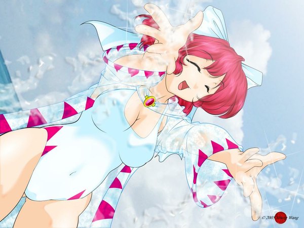 Anime picture 1024x768 with final fantasy square enix white mage single breasts open mouth light erotic smile red hair eyes closed wallpaper beach happy ribbon (ribbons) swimsuit water sea transparent clothing young wang