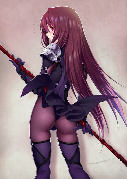 Anime picture 1414x2000 with fate (series) fate/grand order scathach (fate) (all) scathach (fate) kazuma muramasa single long hair tall image looking at viewer fringe light erotic simple background hair between eyes red eyes standing purple hair ass profile looking back from behind