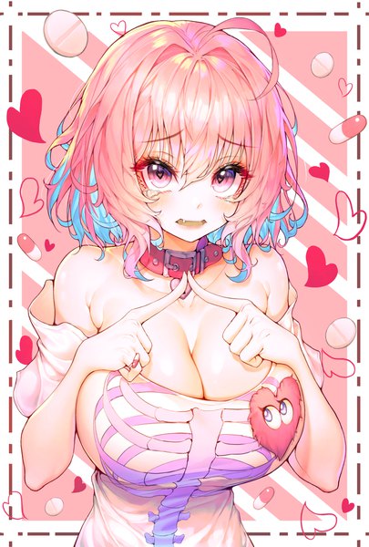 Anime picture 3000x4439 with idolmaster idolmaster cinderella girls yumemi riamu soback single tall image looking at viewer blush fringe highres short hair breasts open mouth light erotic simple background hair between eyes large breasts bare shoulders pink hair cleavage